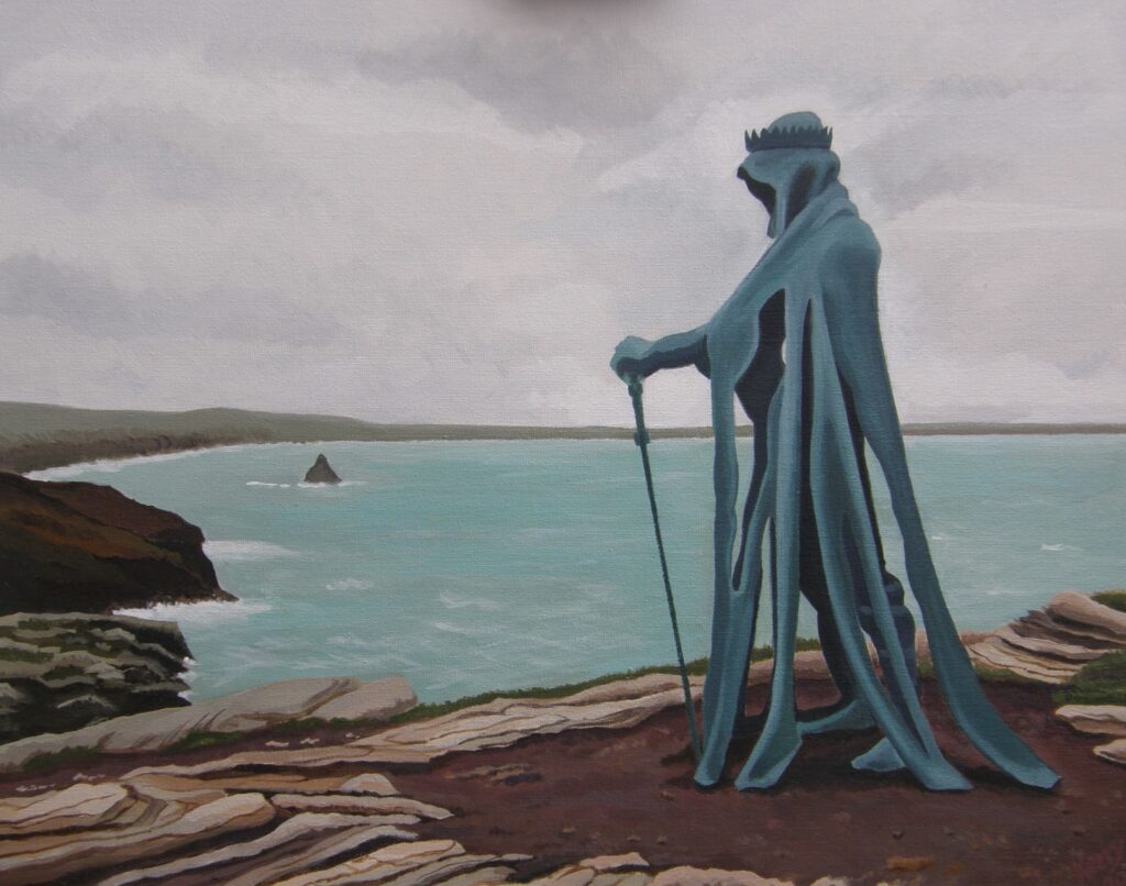 Painting of sculpture of a hooded figure on a clifftop overlooking the sea
