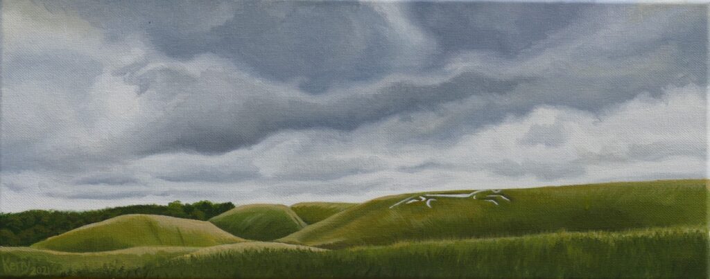 Painting of a white horse chalk figure on grassy slope