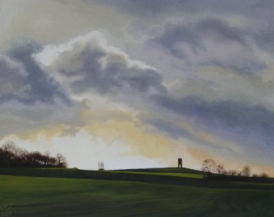 Painting of folly on top of a hill under a cloudy sky